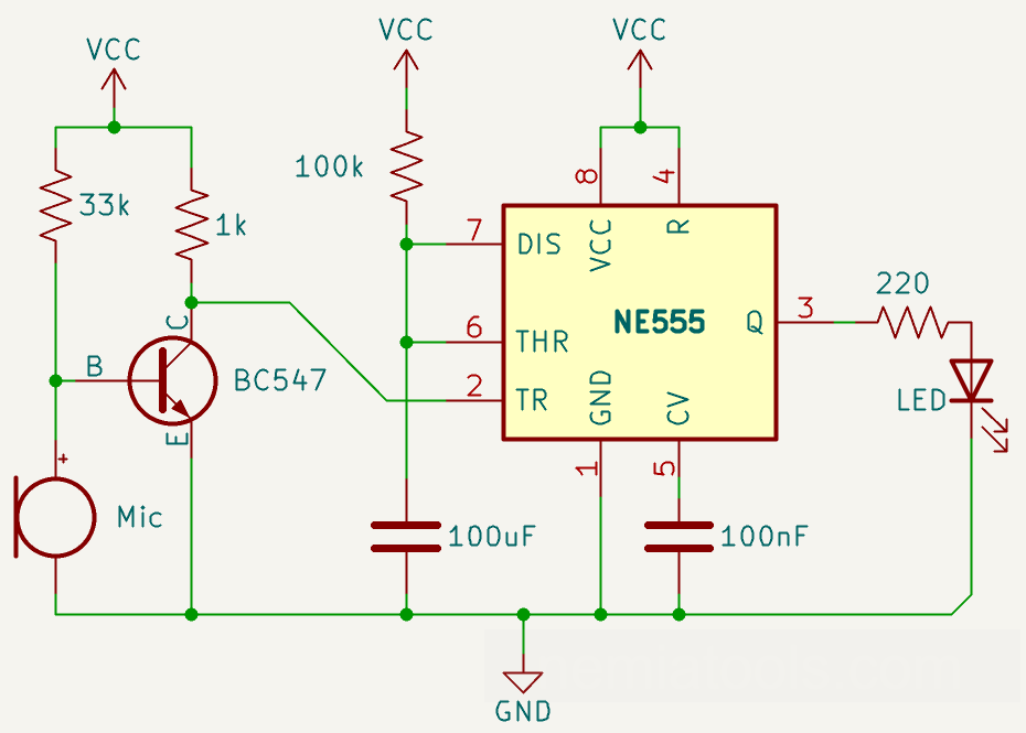Schema del circuito: Come costruire un clap switch con NE555